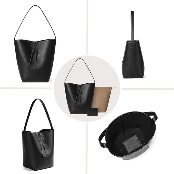 Genuine Leather Bucket Bag with Credit Card Holder, Medium Size, Black - Picture 6 of 9